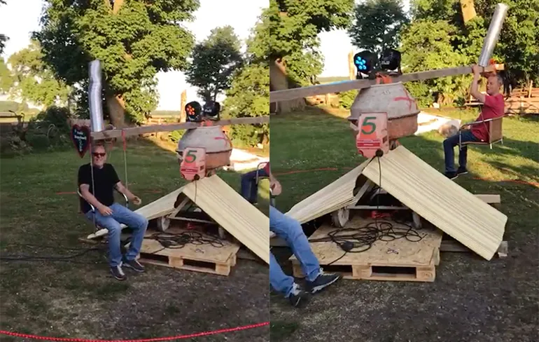 Duitsers maken er een feestje van met speciale zweefmolen