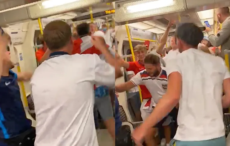 Engelse voetbalfans bouwen een feestje in metro van Londen