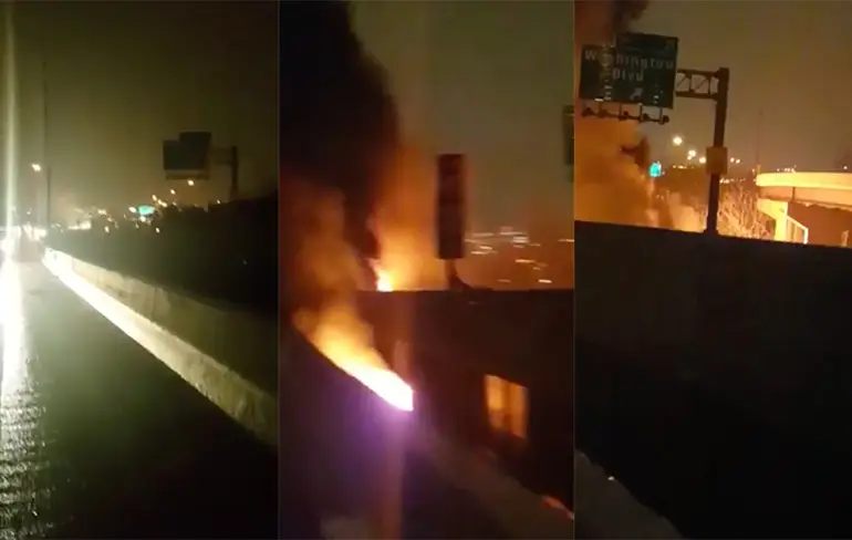 Explosie tankauto op spekgladde weg I-95 in Baltimore