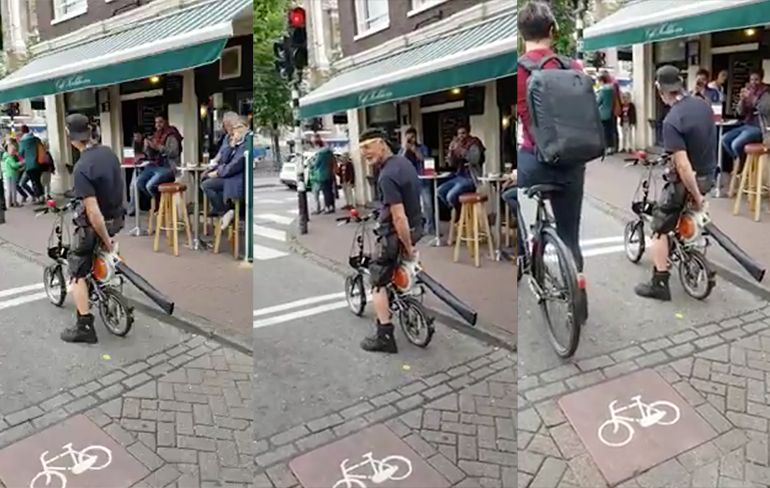 Fietser maakt indruk met geluid van bladblazer