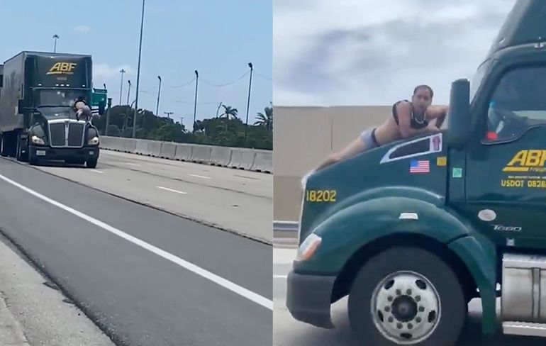 Florida Man rijdt een stuk mee op de motorkap van een vrachtwagen