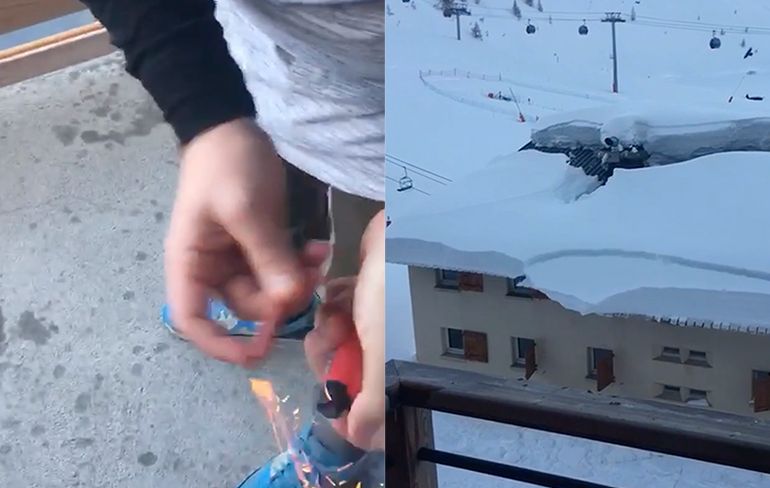 Franse wintersporters gooien rotje op dak, groot pak sneeuw komt naar beneden