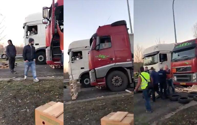 Gele hesjes blokkeren de weg voor Nederlandse vrachtwagen