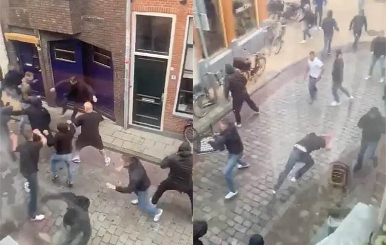 Gezelligheid in Groningen: Supporters Groningen en Bielefeld met elkaar op de vuist