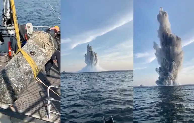 Grote dieptemijn gevangen door viskotter HD42 tot ontploffing gebracht