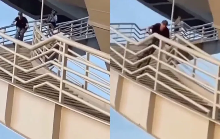 Heerlijke fail van waaghals die van spannende trap fietst