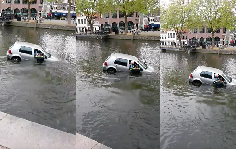 Heldhaftige kapper redt man uit te water geraakte auto in Vlaardingen