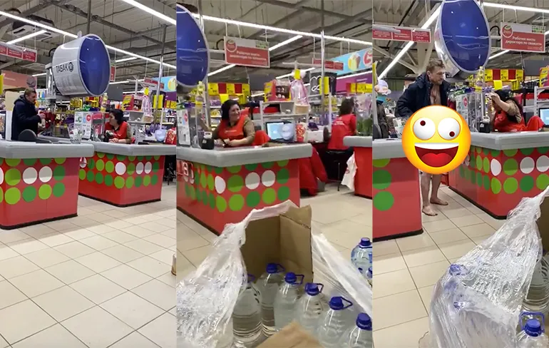 Hey pik, doe volgende keer gewoon kleren aan als je boodschappen gaat doen?