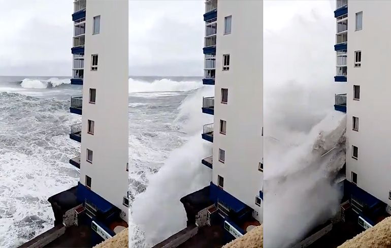 Hoge golven slaan balkons stuk van flat op Tenerife