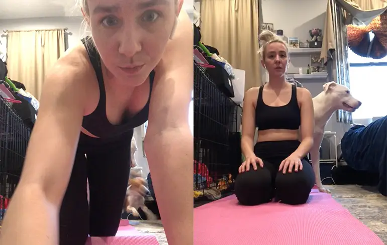 Hond legt cadeautje neer voor dame die net aan Yoga sessie wil beginnen