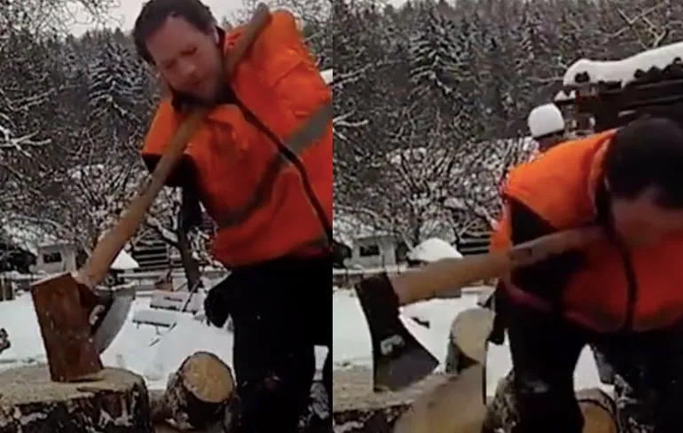 Respect hoor: houthakker doet het even voor zonder handen!