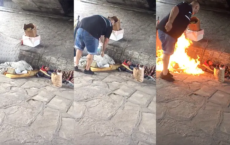 Idioot zet voor de grap een zwerver in de fik