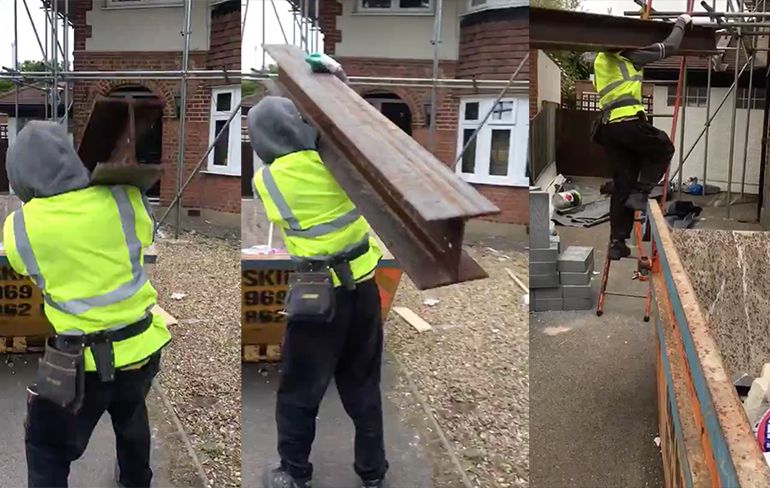 In de bouw in Londen werkt een hele sterke man!