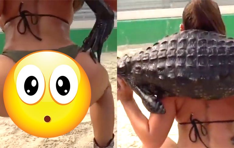 Instagram model Francia James doet workout met alligator