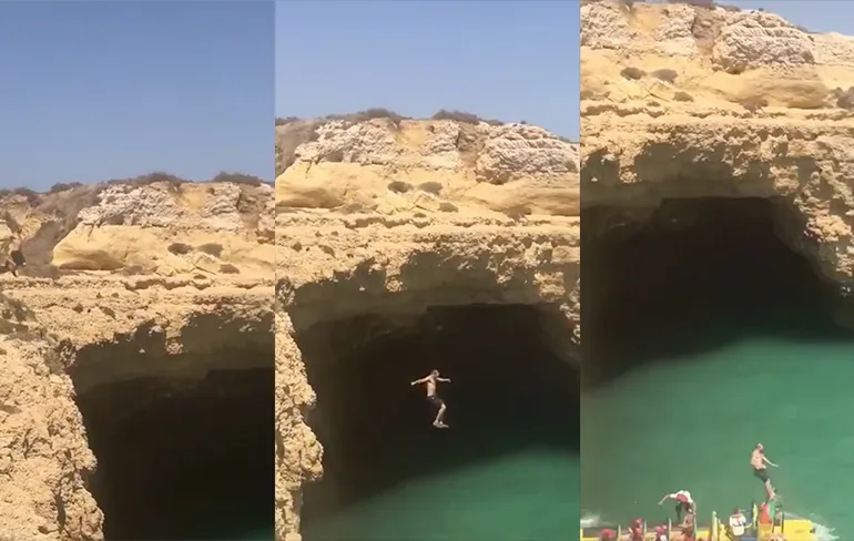 Jammer genoeg geen Darwin Award winnaar: Idioot springt van klif op boot