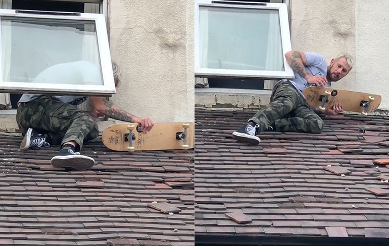 Jarige job gaat met skateboard van dak af