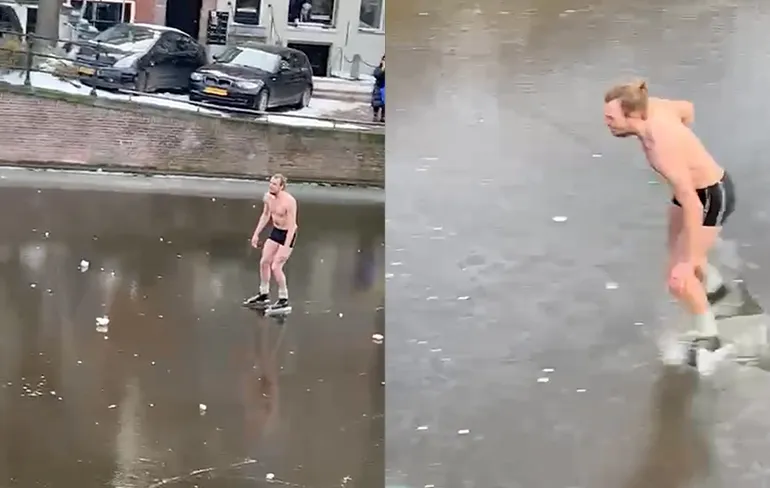 Just another day op de Amsterdamse Keizersgracht: Man in ondergoed schaatst wak in