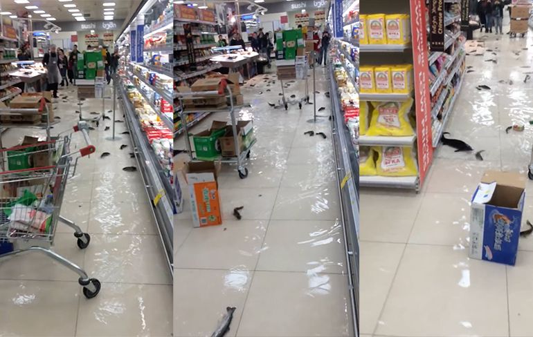 Kan iemand in deze supermarkt in Tbilisi gangpad 3 schoonmaken?