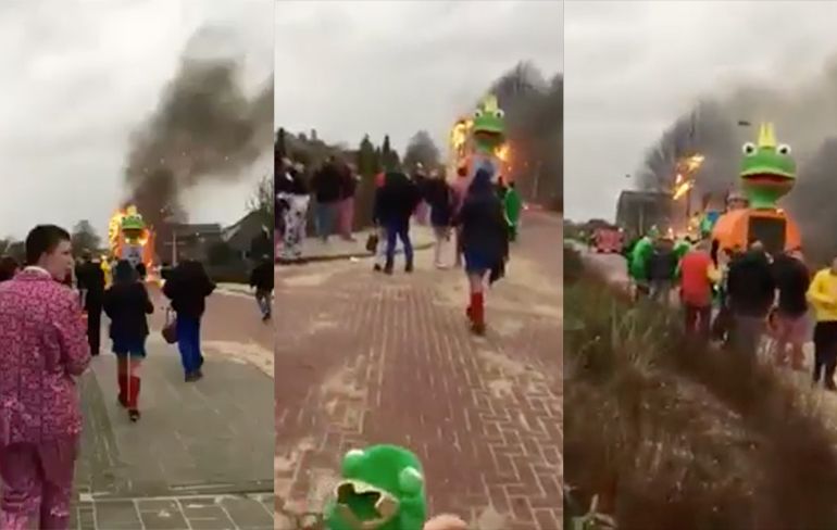 Kermit de Kikker uitgebrand tijdens carnavalsoptocht in Beek