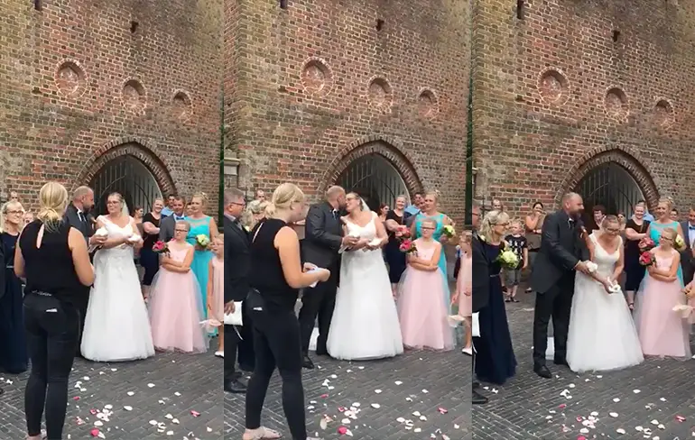 Kersvers bruidspaar bezegelen hun liefde met loslaten van duiven...