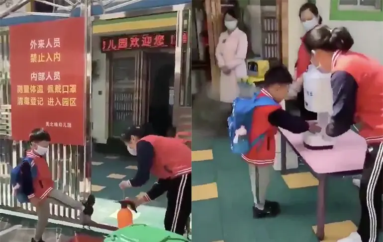 Kinderen in China worden grondig gereinigd voordat ze school binnen mogen