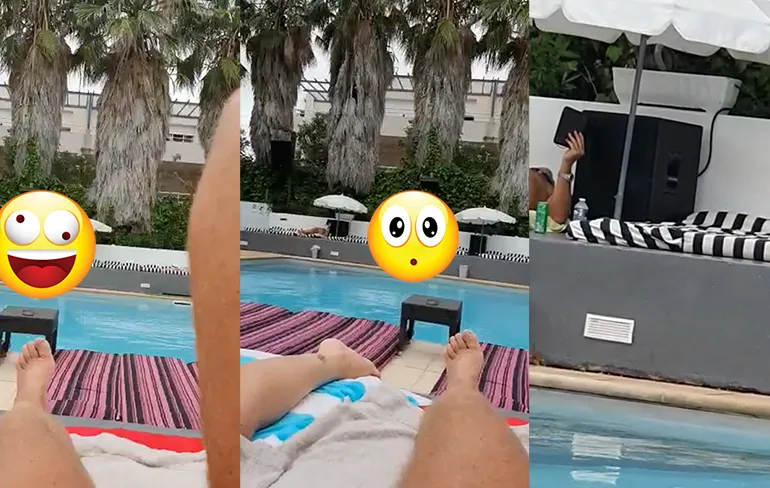 Koppel geeft nergens om en laat iedereen meegenieten bij het zwembad