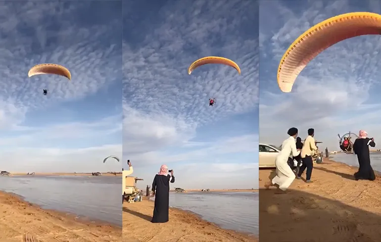 Landing met paramotor gaat duidelijk niet volgens plan