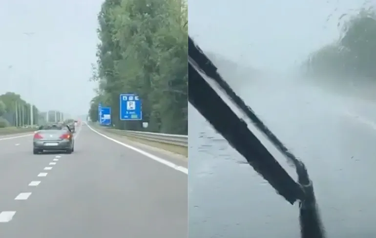 Leedvermaak: Cabrio is net te laat met kap dichtdoen voor grote hoosbui