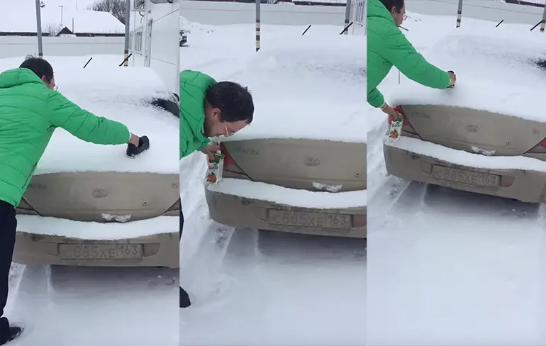 Leuk voor als er sneeuw ligt: Plas op een auto grap