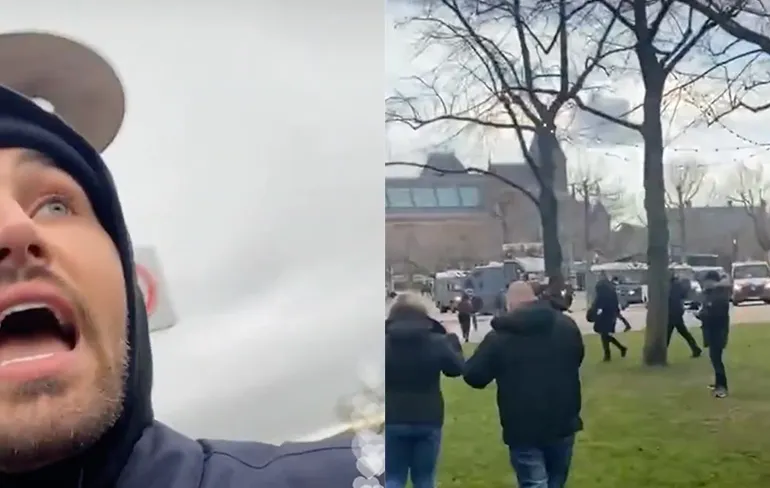 Lijpe verslaggever Dave Roelvink doet verslag van demonstratie in Amsterdam