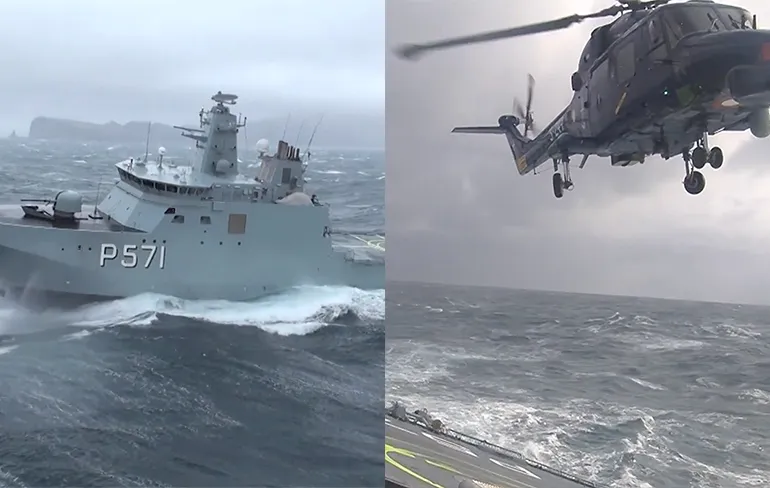 Lynx helikopter maakt landing op boot in onrustige zee