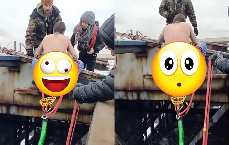 Maak eens een paar haken aan je achterwerk vast en spring naar beneden