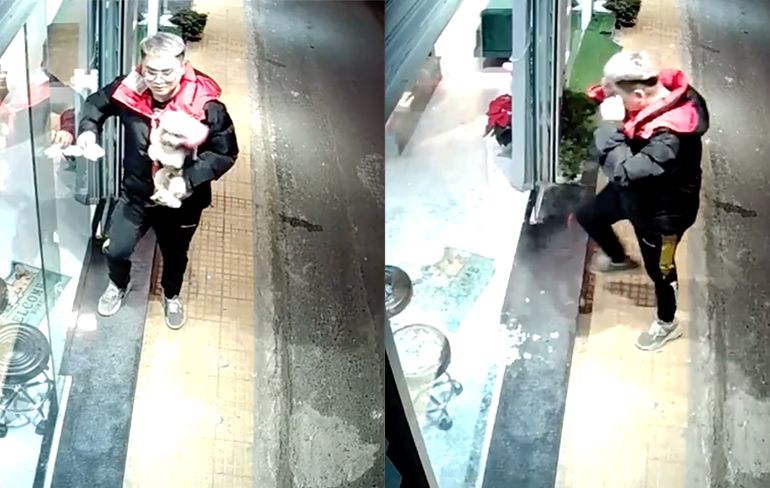 Man in Vietnam gaat achter hondje aan en kopt glazen deur