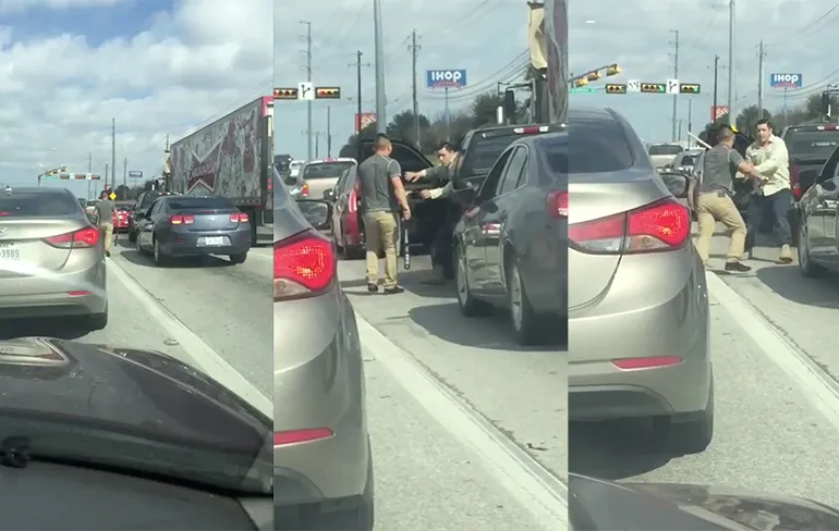 Mannen vechten verkeersprobleem even uit met stok en honkbalknuppel...