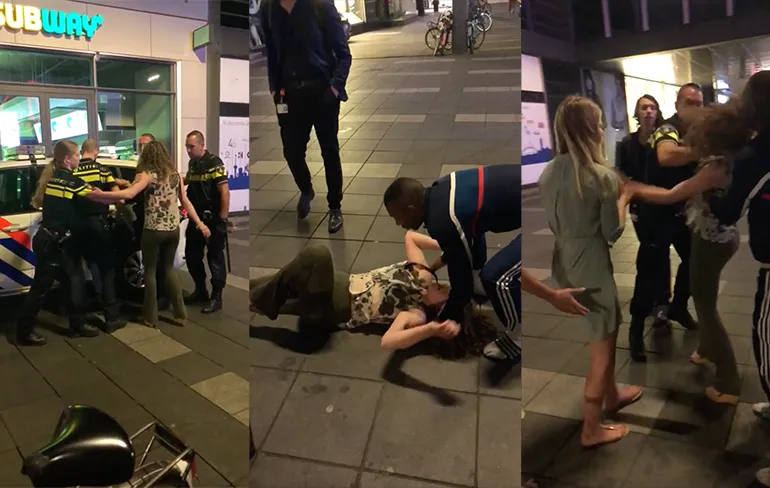 Meisje bemoeit zich met arrestatie vriend, agent deelt even paar poffers uit