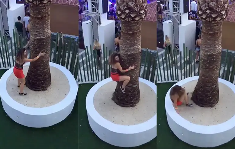 Meisje knuffelt boom op Ibiza voor perfecte plaatje