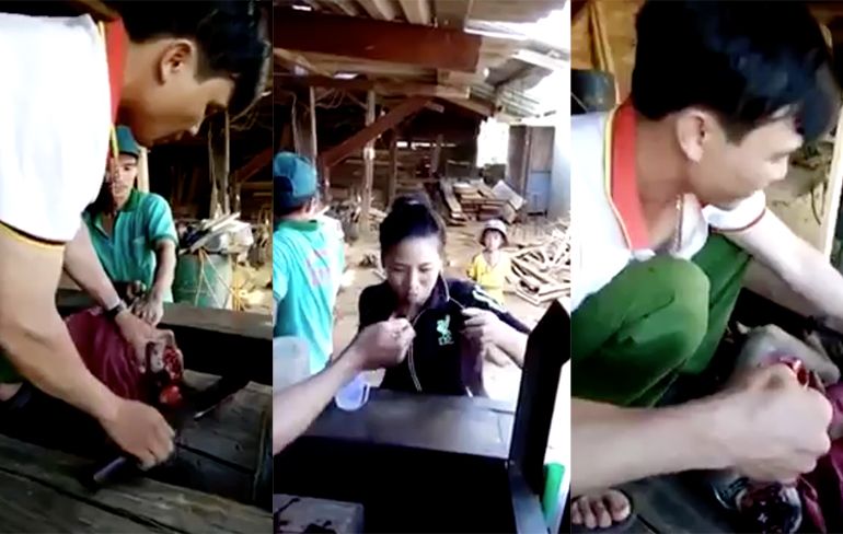 Mensen in Vietnam smullen van hersens van aap