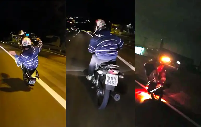 Motorrijder aan het stunten, maar vergeet dat er andere weggebruikers zijn