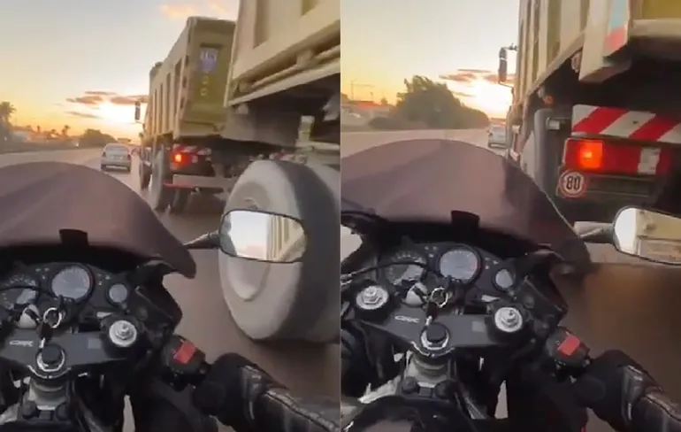 Motorrijder beetje levensmoe als vrachtwagen naar links komt