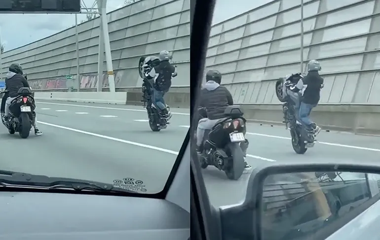 Motorrijders voor draaiende camera lekker aan het stunten op de A8