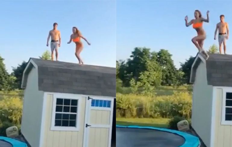 Nooit een goed idee: Van tuinhuisje via trampoline in zwembad springen