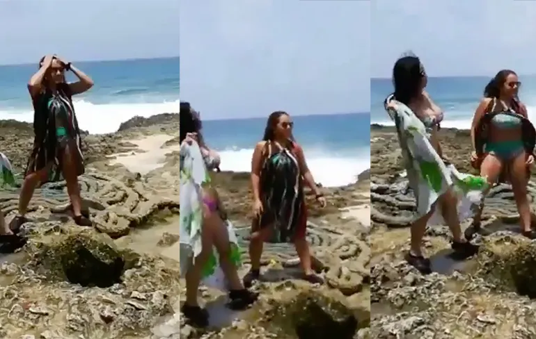 Oeps momentje voor vrouw bij blowhole op Colombiaanse eiland San Andres