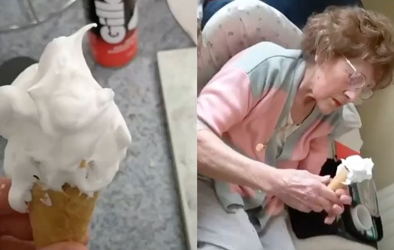 Oma een lekker ijsje van scheerschuim geven