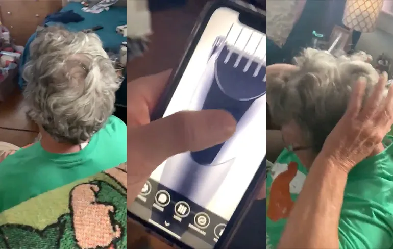 Oma vindt geintje met geluid tondeuse helemaal niet leuk