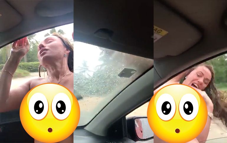 Ongecensureerde video toeriste hangt topless uit auto met fatale gevolgen