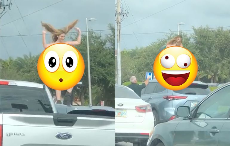 Only in Florida: Vrouw in geboortekostuum geeft showtje weg op dak van auto