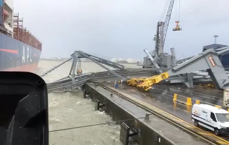Op drift geslagen containerschip botst tegen kraan in Antwerpse Waaslandhaven