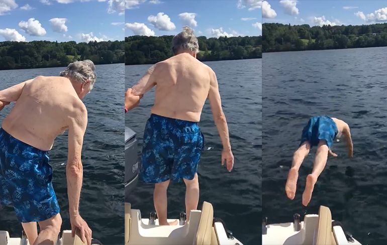 Opa gaat op zijn 102de verjaardag een stukje zwemmen