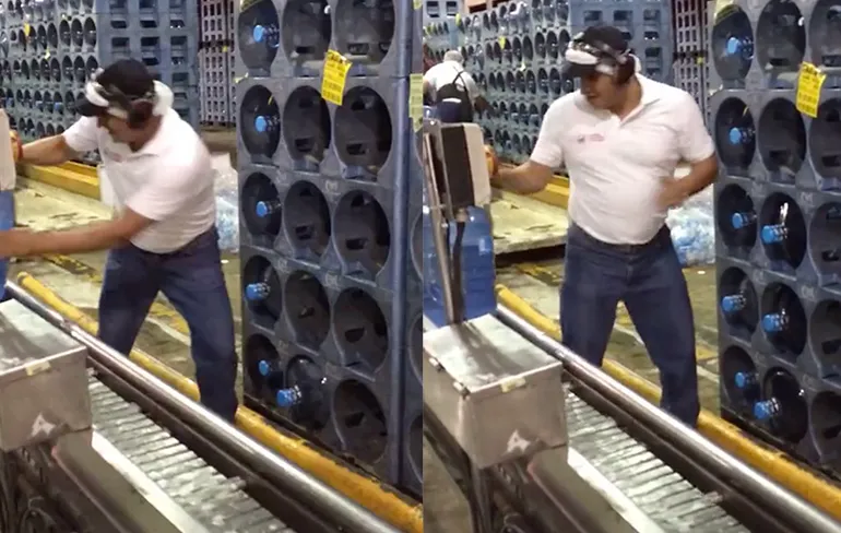 Pallet watercooler flessen vullen is vermakelijk om naar te kijken