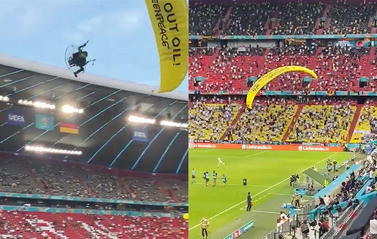 Parachutist probeert te landen voor aftrap EK wedstrijd Duitsland vs Frankrijk